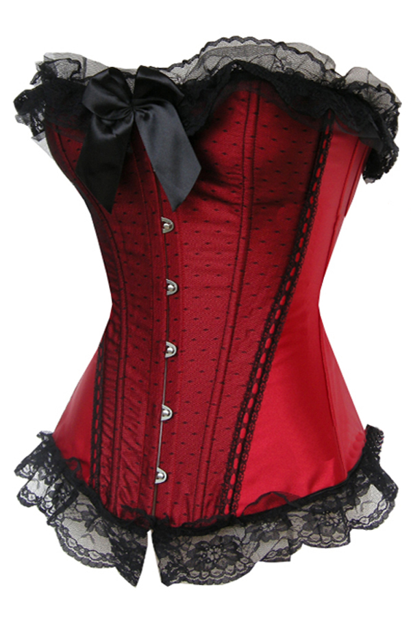 Red satin with small dots and black lace trim lace up boned corset busiter bodyshaper S-2XL