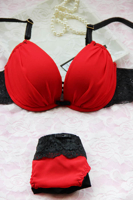 Red sexy charming solid color glossy push up bra women's underwear bra set underwear women set