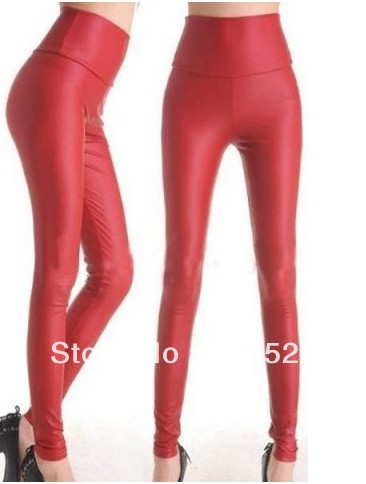 Red Sexy High Waist Wet Faux Leather Leggings Pants Tight LB13163R Free Size