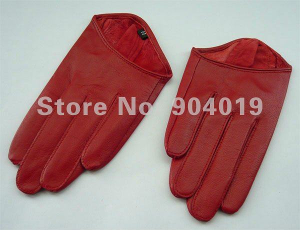 Red Sexy Lady 5 Fingers Half Palm Genuine Leather Gloves Size L