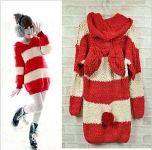 Red Stripe 2012 Women's Winter Chritmas Manufactory Supply Cute Rabbit Ear Hooded Outwear Long Loose Fit Sweater