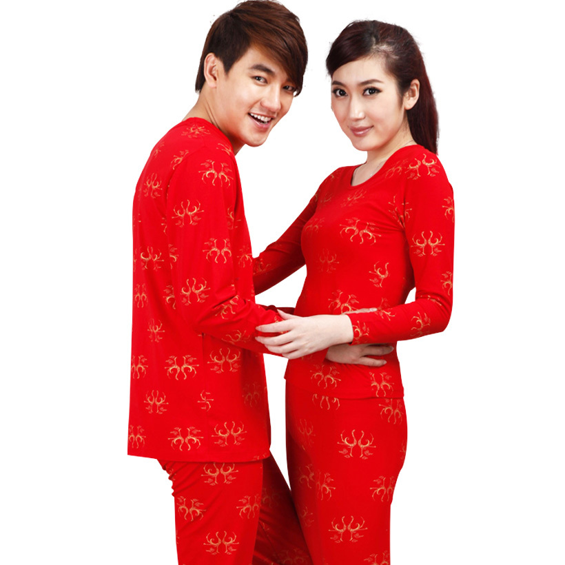 Red underwear male women's marry lovers thin thermal long johns underwear set long johns