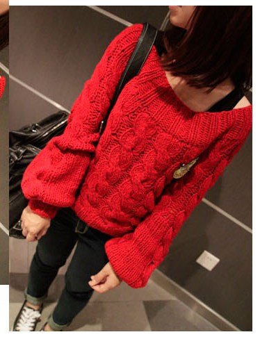 Red Vintage 2012 Autumn Winter Women's Christmas Short Sweater Puff Sleeve Pullover Epaulet As Gift