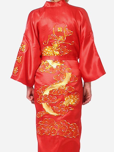 Red wholesale retail Chinese style Women's/Men's robe/gown/kimono sleepwear with dragon M,L,XL,XXL