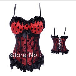 Red with black dots and lace overlay lace up boned strap padded cup bodyshaper S-2XL   M0224