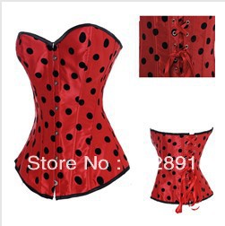 Red with Black dots lace up boned corset busiter underwear+G-string S-2XL   M0237