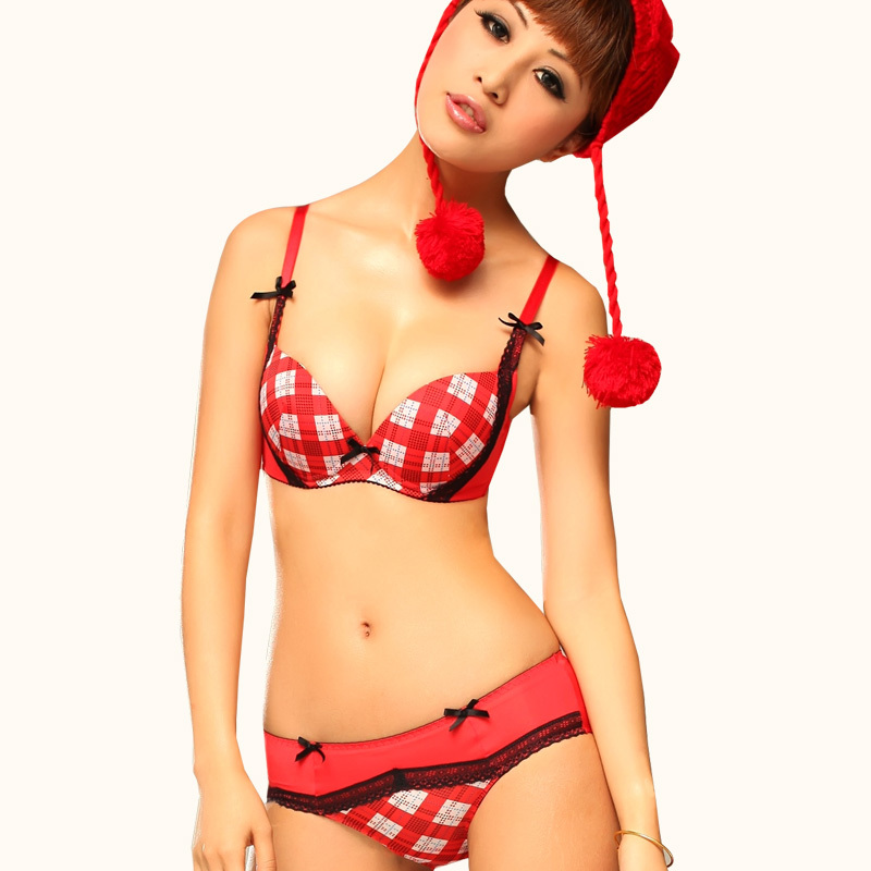 Reminisced plaid glossy push up thin cup bra underwear set