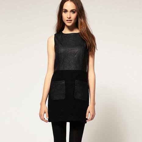 Retail/Free shipping/Fashion Pocket Prettifier Solid Color Slim O-neck Leather Mosaic Pullover Dress