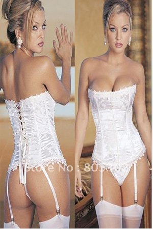 Retail & Free Shipping--Sexy Lingerie Boned White Stain Sexy Corset  Back Lace Up w/  underwear S/M/L/XL ,ONE SET,DS01