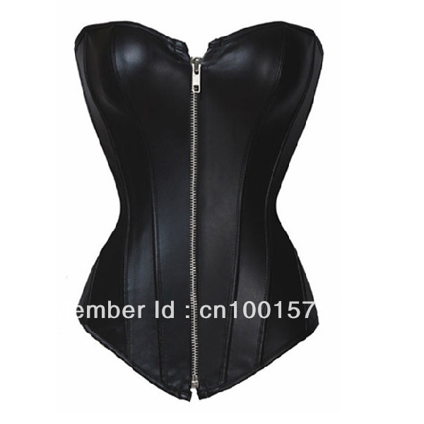 Retail or Wholesale Sexy Black Lace up Faux Leather Corset Bustier Lingerie Overbust Zipper Goth Boned Top S-2XL