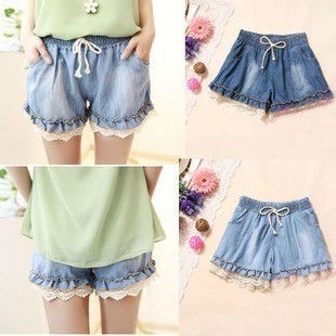 Retro finishing loose plus size denim shorts decoration lace shorts hot trousers