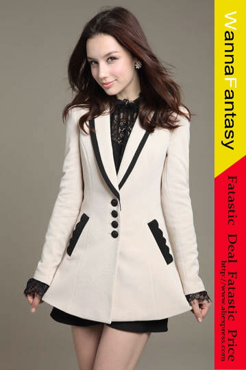 Retro Style Lapel Slimming Sweet Bowtie Black Edging Long Sleeve Cotton Blend Coat For Women