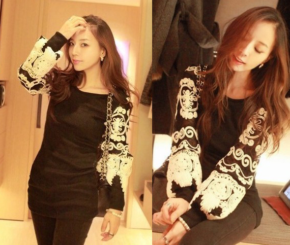 Retro Women Slim Vintage Black Sex Lace Knitted Embroidery Long Lantern Sleeve Tees Tops T-shirt Dress