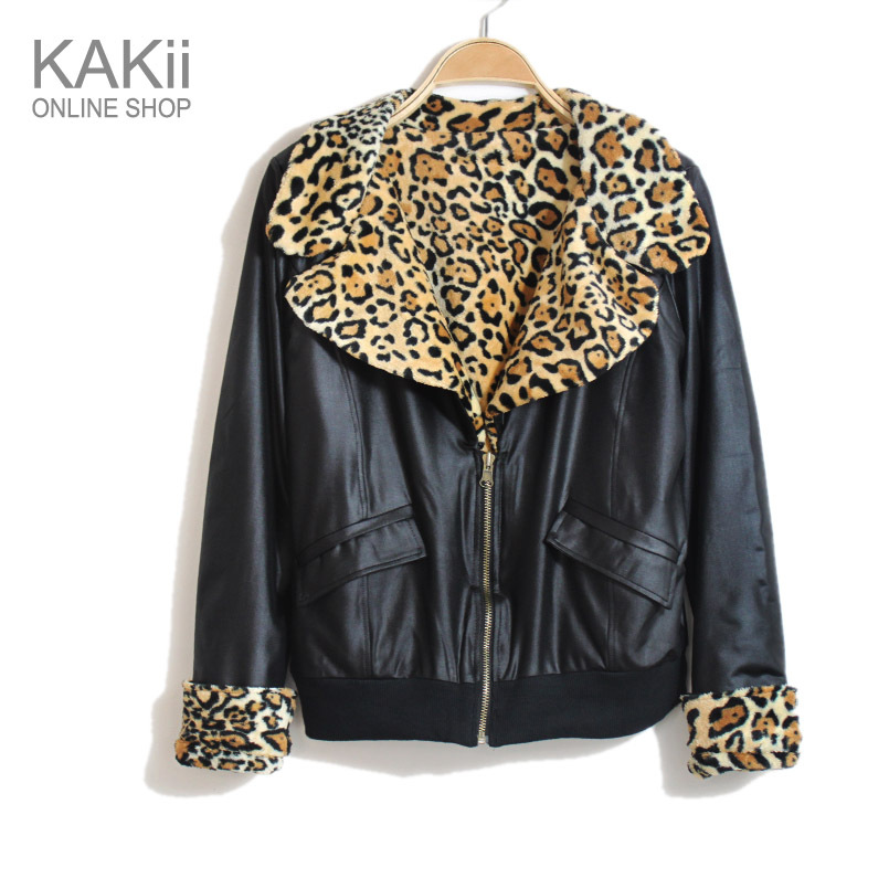 Reversible leopard print PU faux leather clothing europe style women's outerwear jacket women's