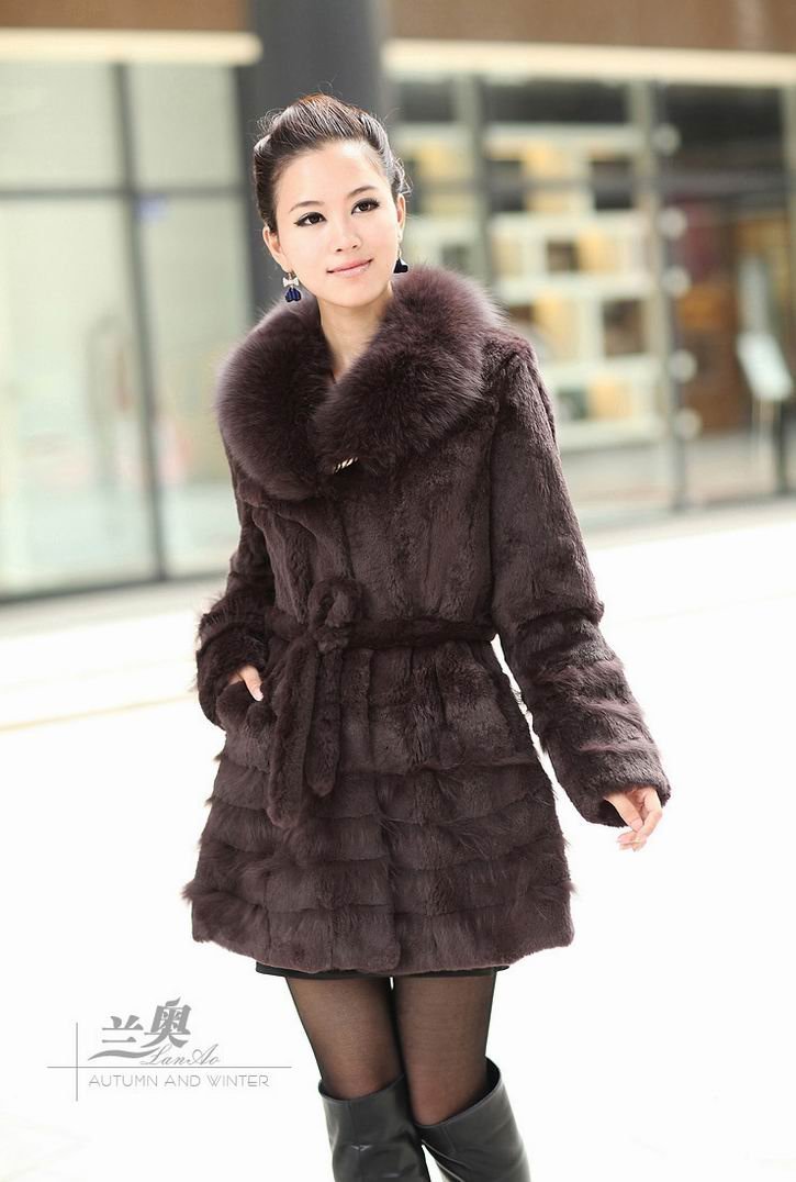 Rex Rabbit Fur Coat with Fox Collar for woman