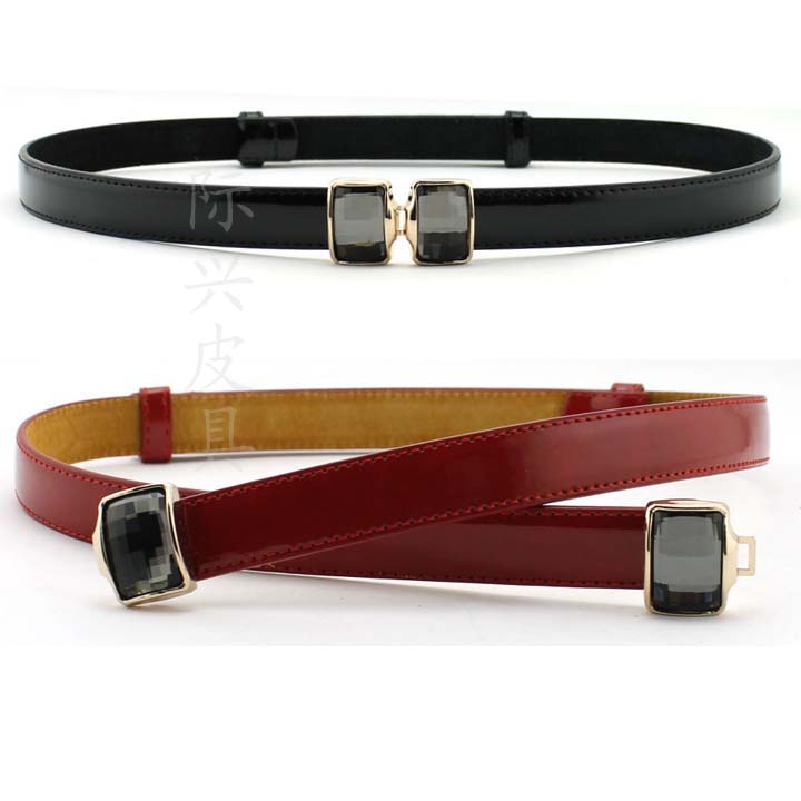 Rhinestone women's belt genuine leather thin belt decoration fashion all-match cummerbund black japanned leather strap