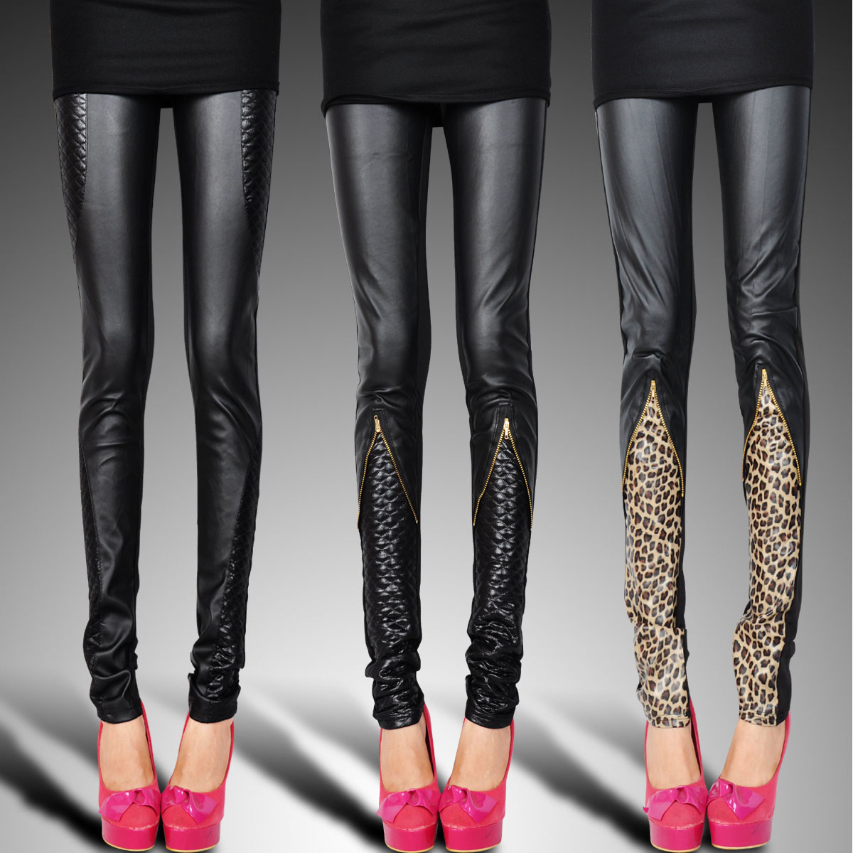 Rhombus legging patchwork faux leather pants zipper PU trousers female patchwork legging leather autumn and winter