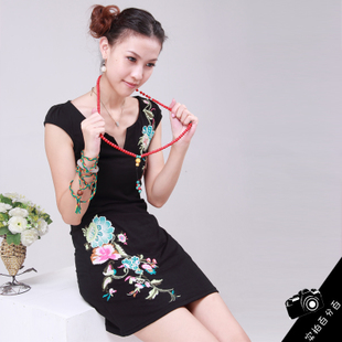 RIP national trend women's V-neck embroidery flower combed cotton one-piece dress short-sleeve akkadian basic cheongsam dress