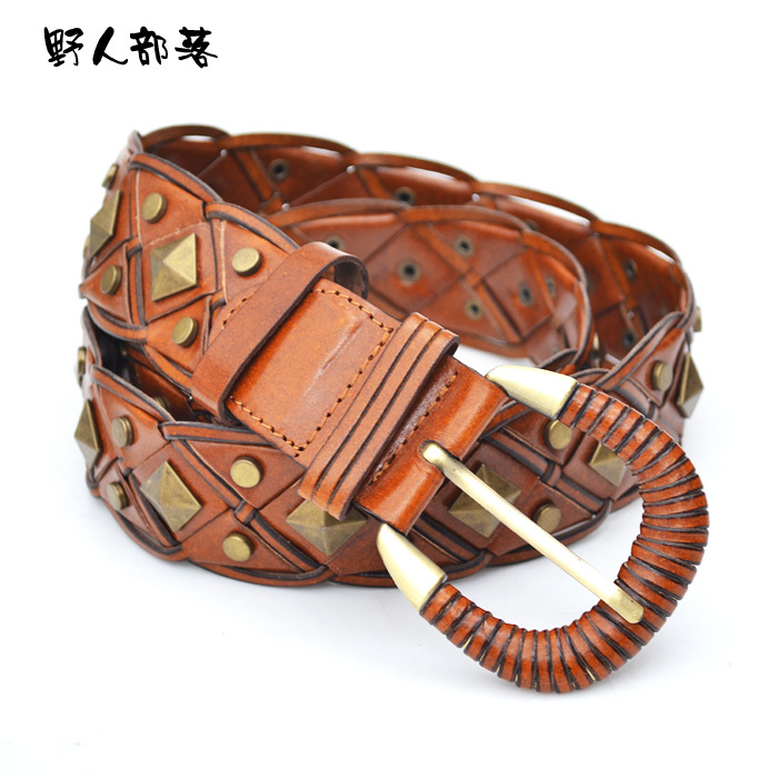 Rivet fashion vintage genuine leather cowhide knitted belt female punk wide strap leather packet belt 4895