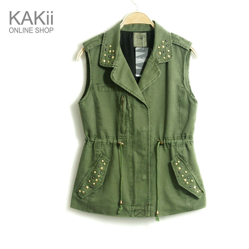 Rivet military vest 100% cotton vest suit collar slim waist sleeveless coat olive