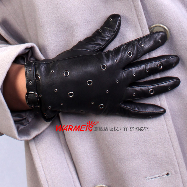 Rivets hasp women's punk genuine leather sheepskin gloves l058nn