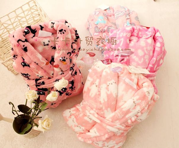 Robe bathrobes pink hand-in female autumn and winter long design cartoon thickening coral fleece