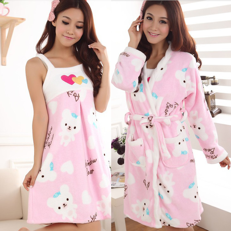 Robe coral fleece Women autumn and winter long-sleeve 100% cotton spaghetti strap nightgown twinset 100% cotton sleepwear lounge