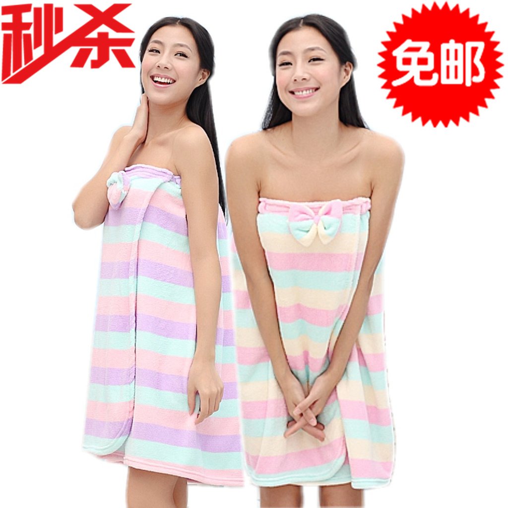 Robe female summer stripe bow coral fleece bath towel tube top women's bathoses bathrobes towel nightgown