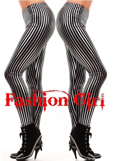 Rock and roll wind metal Vertical stripes Nine points render pants High elastic tight pants Imitation leather