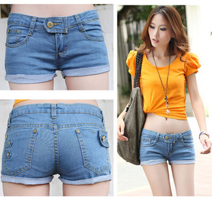 Roll-up 2013 loose hem shorts light blue simple all-match denim shorts female