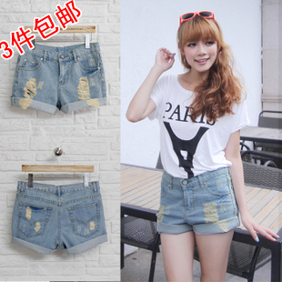 Roll-up 3 hem casual hole loose plus size denim shorts mm shorts female trousers