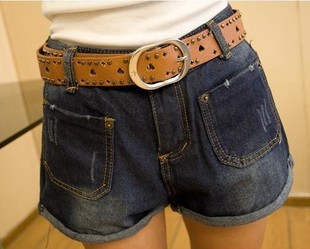 Roll up hem patch pocket loose retro finishing distrressed jeans plus size jeans shorts female shorts denim shorts