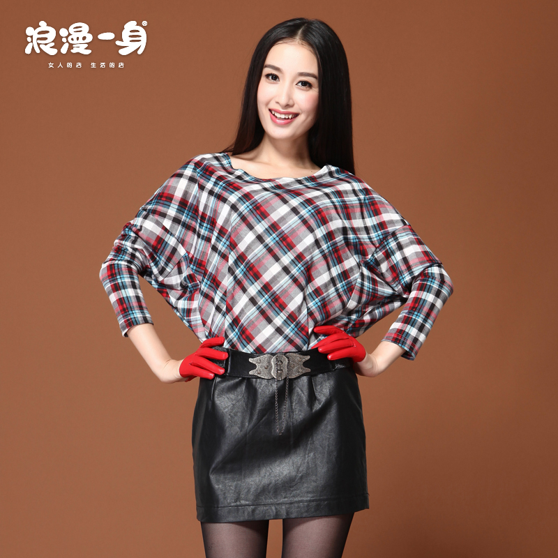 Romantic a body 2012 autumn o-neck long-sleeve plaid faux leather patchwork one-piece dress