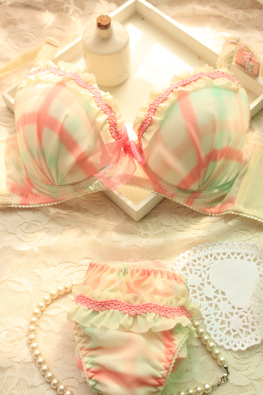 Romantic lace plaid princess chiffon push up sweet underwear bra set