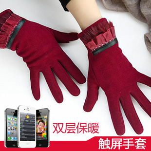 Romantic seoul double layer red thermal iphone SAMSUNG looply touch screen &textingwinter women's  leather rabbit fur gloves