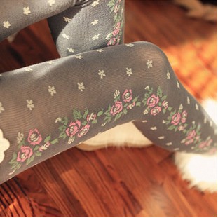 Rose christmas socks winter cotton pantyhose sidepiece woven pattern socks female black grey