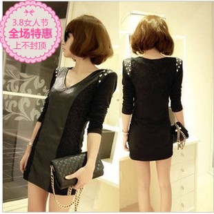 Rose fashion autumn and winter slim punk lace patchwork rivet leather long-sleeve one-piece dress