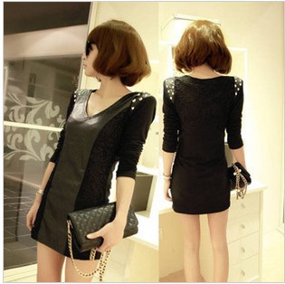 Rose fashion autumn and winter slim punk lace patchwork rivet long-sleeve leather one-piece dress