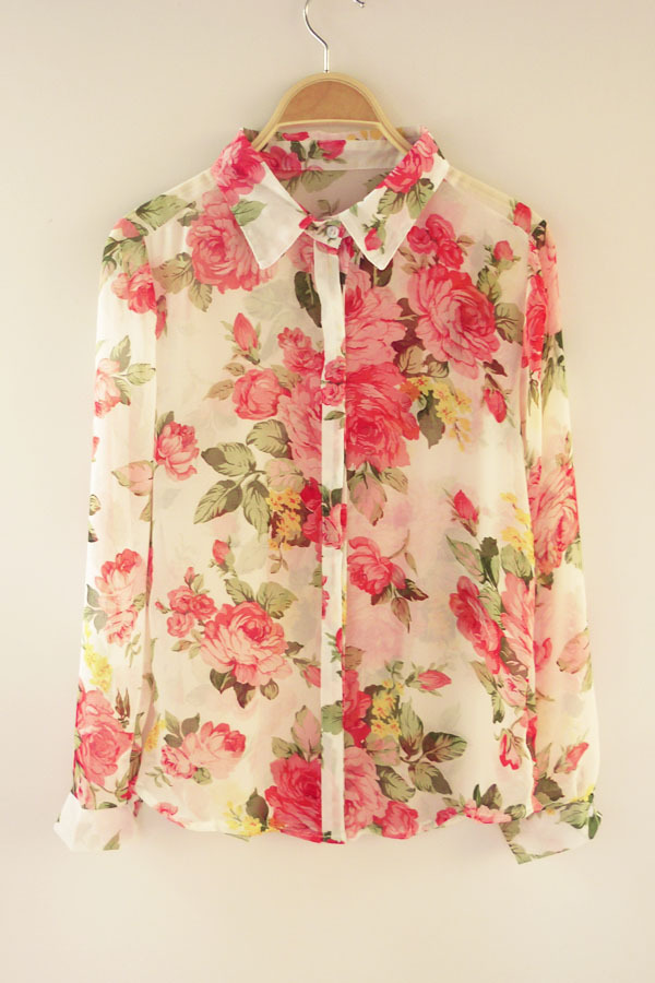 Rose flower chiffon shirt vintage long-sleeve women's top mushroom autumn