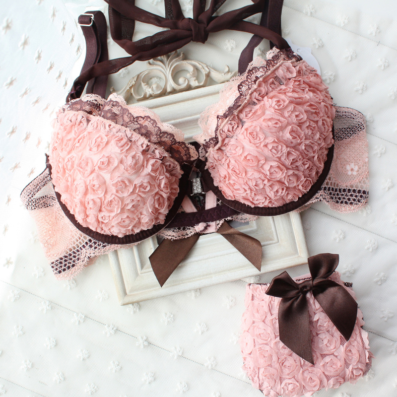 Rose front button bra set sexy halter-neck romantic three-dimensional flower underwear