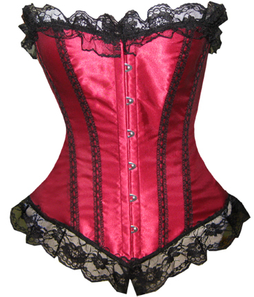 Rose red satin hook eye front lace up boned basque corset busiter lingerie with lace trim S-2XL