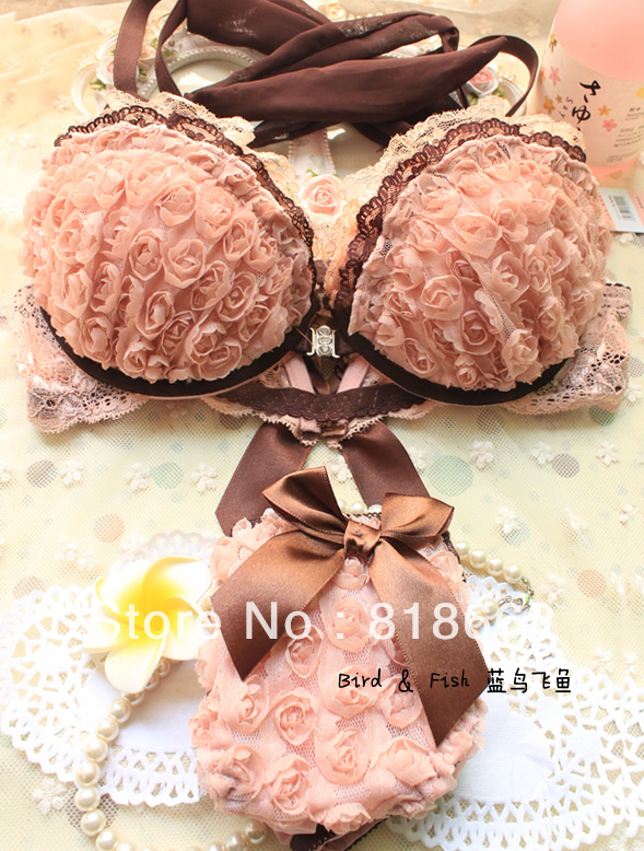 Rose Three-dimensional Flower Front Button Halter-neck Bra Set Sexy 3/4 Cup Female Underwear Set Push Up Bra&Panty Set