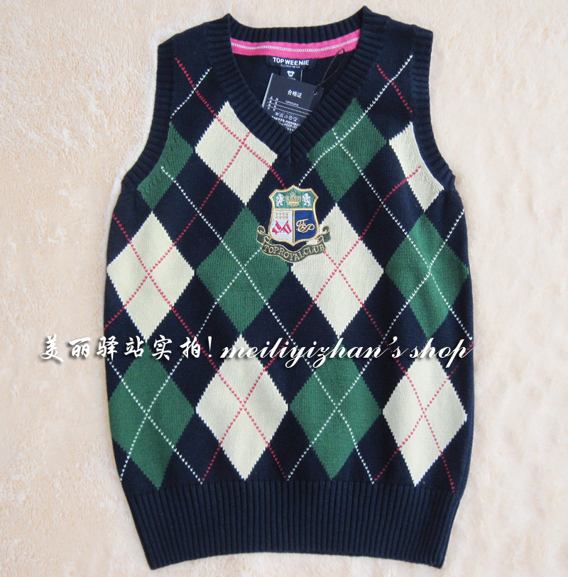 Rtw spring dimond plaid preppy style sweater 100% V-neck cotton woven vest