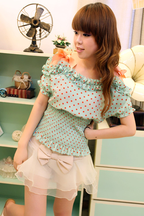 Ruffle collar color block polka dot candy strapless bow waist shoulder strap flower chiffon shirt t-shirt short-sleeve