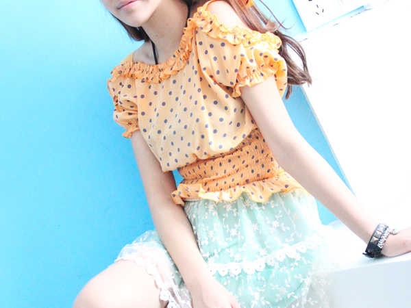 Ruffle collar color block polka dot candy strapless bow waist shoulder strap flower chiffon shirt t-shirt short-sleeve