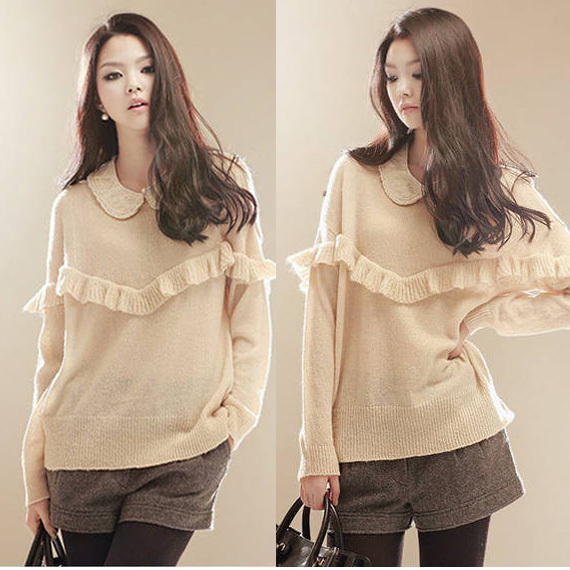 Ruffle hem long-sleeve pullover sweater 11987 free shipping