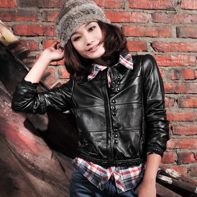 Ruffle sweet genuine leather clothing female design slim short leather coat 2012 women's g1968