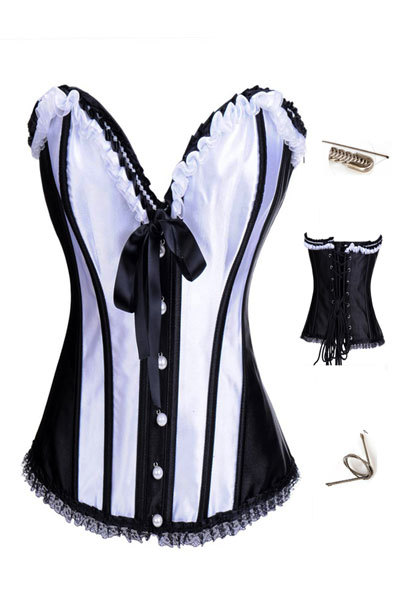 Ruffled BlacK&White Steel Bone Women Corset Sexy Lingerie Satin LB4460