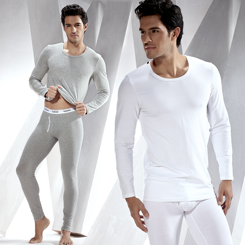 Ruiou male underwear 100% cotton o-neck comfortable close-fitting men's long johns long johns set basic thermal set