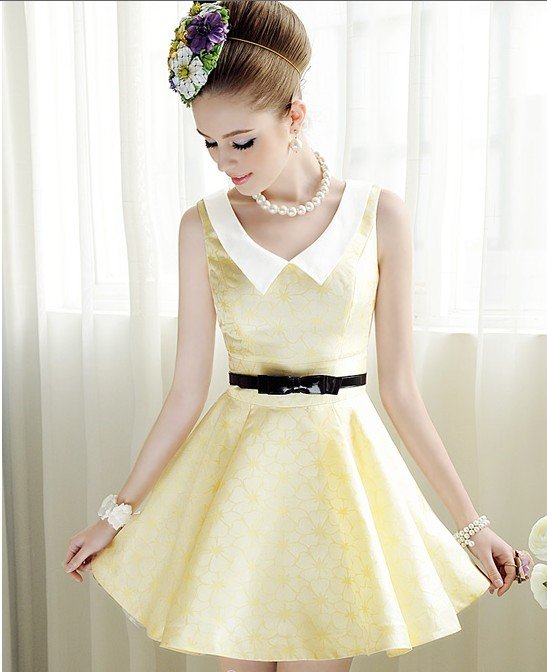 S-L free shipping manufacturers supply new fashion Women's yellow Yellow jacquard dress with belt (MOQ: 1pc) #939